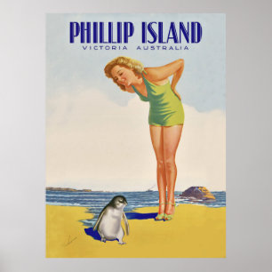 Póster Isla Philip, Australia, niña con pingüino