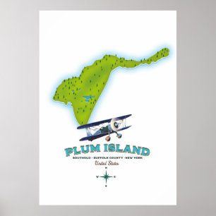 Póster Isla Plum, condado de Southold Suffolk, mapa de Nu