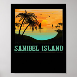 Póster Isla Retro Sanibel Florida Tropical Sunset Beach
