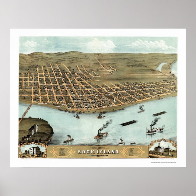 Póster Isla Rock, Mapa Panorámico IL - 1869 (Frente)