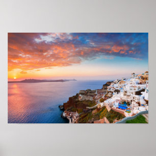 Póster Isla Santorini en Grecia al atardecer