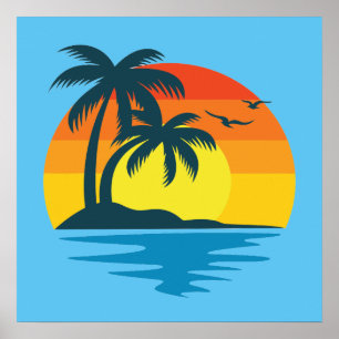 Póster Isla Sunset Tropical Beach Palm Tree Ocean