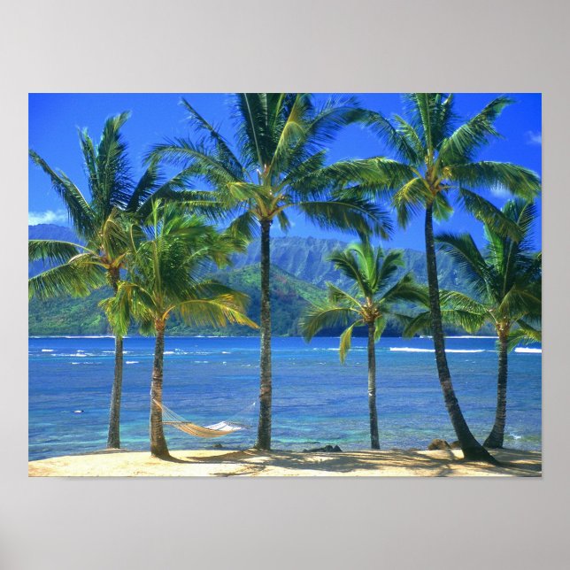 Póster Isla Tropical (A vibrant, full shot captures a tropical beach scene under a clear blue sky.)