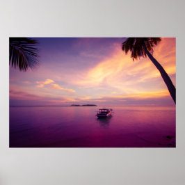 Póster Isla tropical al atardecer con un barco