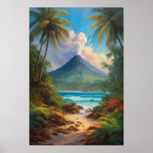 Póster Isla Tropical con volcán en flor
