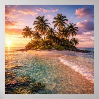 Póster Isla Tropical en el Atardecer