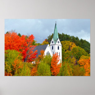 Póster Island Pond, Vermont, Iglesia, Otoño