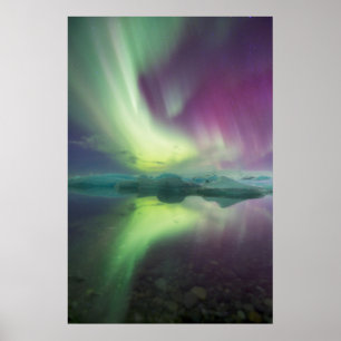Póster Islandia, Jokulsarlon. Luces de Aurora se reflejan