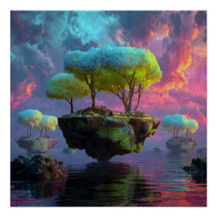 Póster Islas de árboles turquesa flotantes cielo de neón