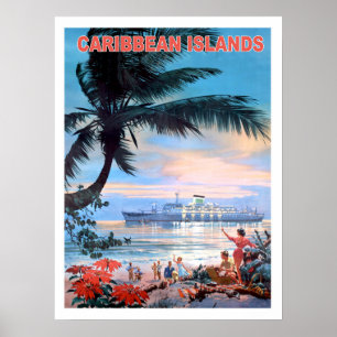 Póster Islas del Caribe, barco de crucero, viaje vintage