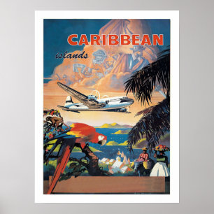 Póster islas del Caribe en avión, aerolínea vintage