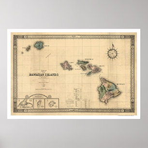 Póster Islas del mapa de Hawaii Giles - 1876