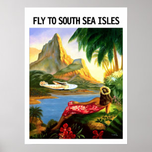 Póster Islas del Mar del Sur, cartel vintage de aerolínea