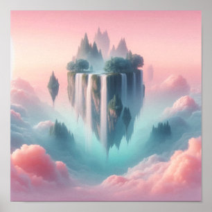 Póster Islas flotantes etéreas y cascadas en pasteles