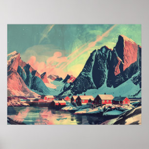 Póster Islas Lofoten, Noruega Retro