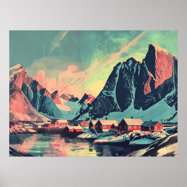 Póster Islas Lofoten, Noruega Retro (Frente)
