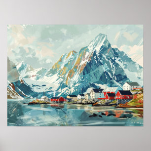 Póster Islas Lofoten, Noruega Retro