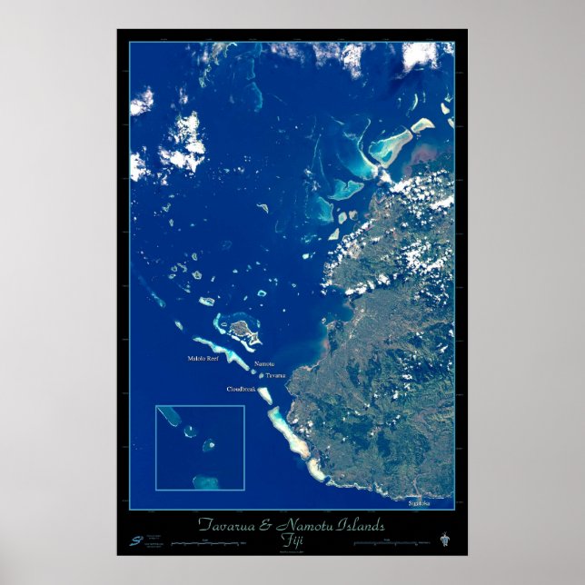Póster Islas Tavarua y Namotu, poster satelital de Fiji (Frente)