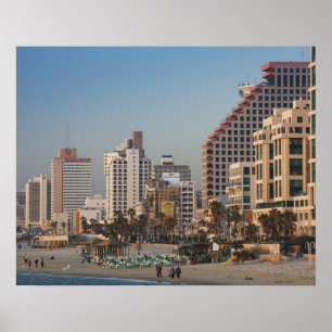 Póster Israel, Tel Aviv, frente a la playa, hoteles, atar