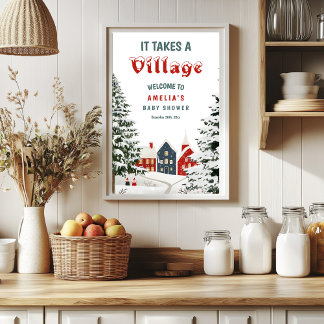 Póster It Takes a Village Winter Baby Shower Welcome Sign