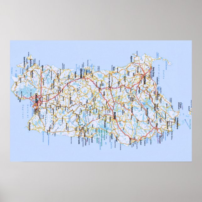 Póster Italia - Cerdeña - Mapa de Cerdeña - (Frente)