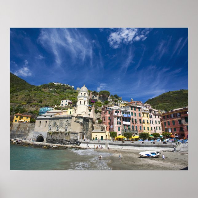 Póster Italia, Cinque Terre, Vernazza, puerto e iglesia 2 (Frente)