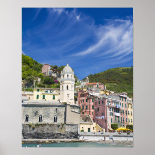 Póster Italia, Cinque Terre, Vernazza, Puerto y Iglesia