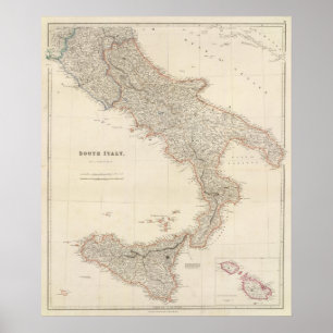 Póster Italia del Sur con las Islas Maltesas