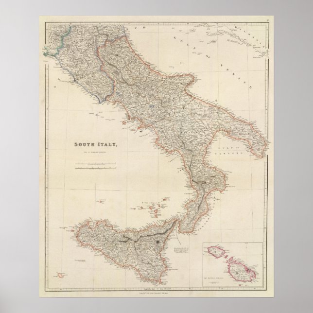 Póster Italia del Sur con las Islas Maltesas (Frente)