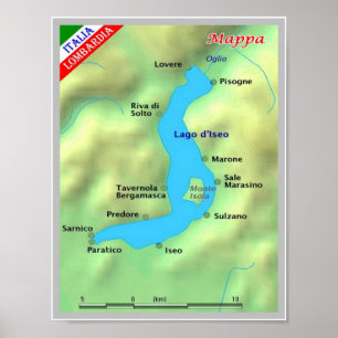 Póster Italia - Lombardía - Lago Iseo - Mapa -