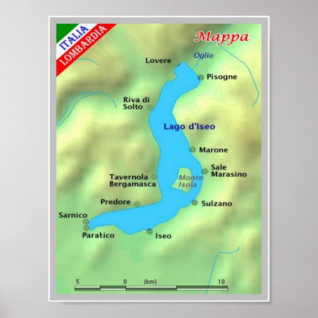 Póster Italia - Lombardía - Lago Iseo - Mapa - (Frente)