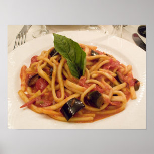 Póster Italia, Positano. Plato de pasta y berenjena.