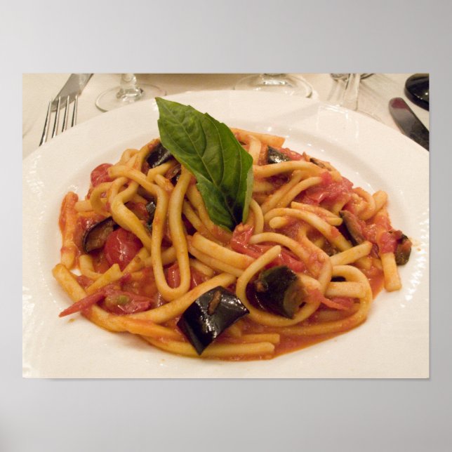 Póster Italia, Positano. Plato de pasta y berenjena. (Frente)