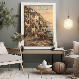 Póster Italia Romántica Pueblo Costero Viajes Antiguos