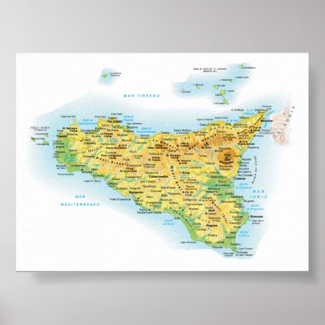 Póster Italia - Sicilia - Mapa de Sicilia - (Frente)