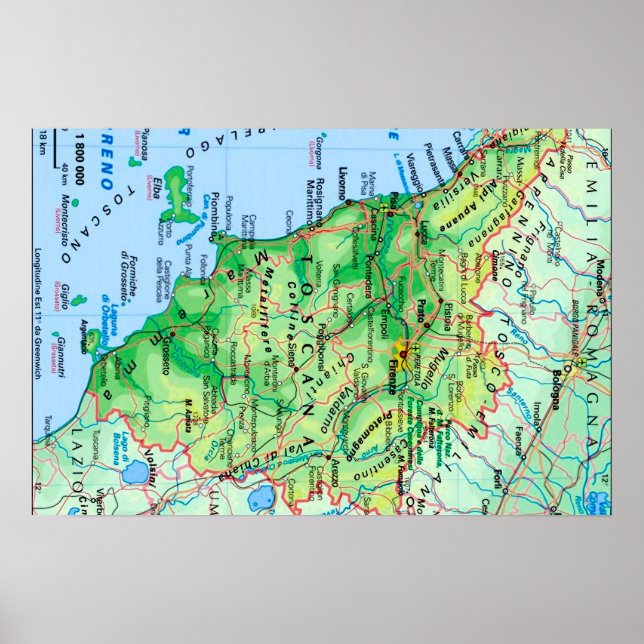Póster Italia - Toscana - Mapa Toscana - (Frente)