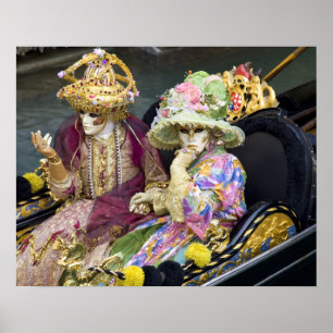 Póster Italia, Venecia. Pareja vestida con disfraces para