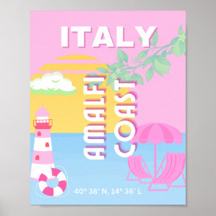 Póster Italia Viajes arte, Costa Amalfitana, Preppy, Rosa