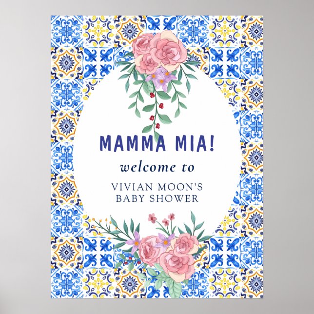 Póster Italiano Blue Tile Mamma Mia Baby Shower (Frente)