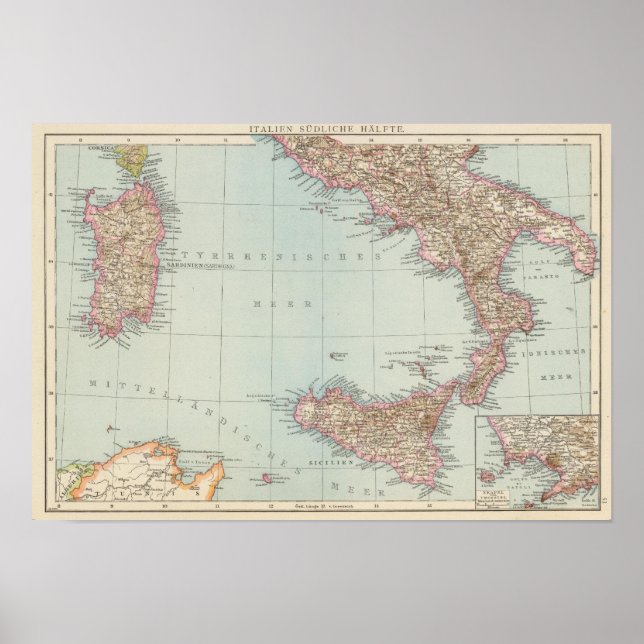Póster Italien sudliche Halfte, Mapa del sur de Italia (Frente)