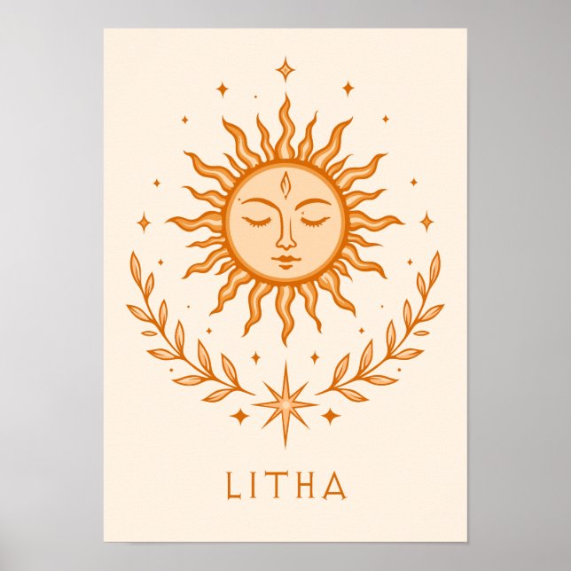 Póster itha Celestial Sun Face Botanical Wreath Art (Frente)