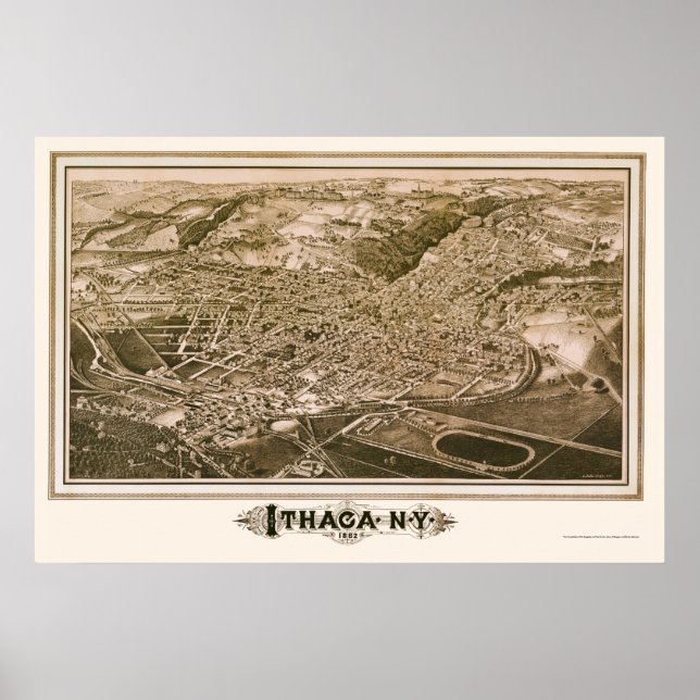 Póster Ithaca, Mapa Panorámico NY - 1882 (Frente)