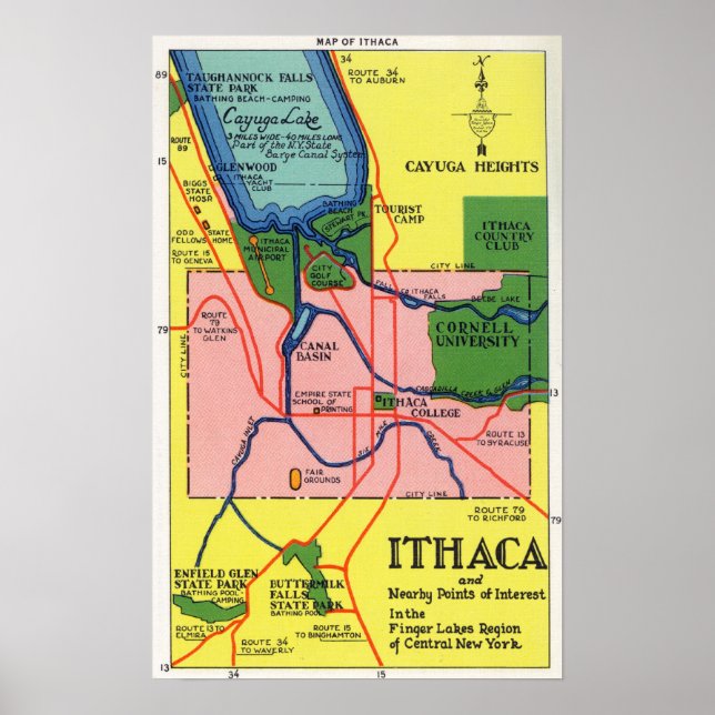 Póster Ithaca y los puntos de interés cercanos (Frente)