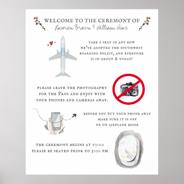 Póster Itinerario de Boda de Piloto de Avión Bienvenidos (Frente)
