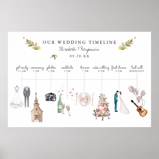 Póster Itinerario de Boda Ilustrado Bienvenida (Frente)