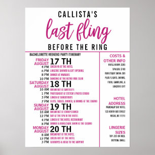 Póster Itinerario de fiesta de soltera rosa lindo femenin