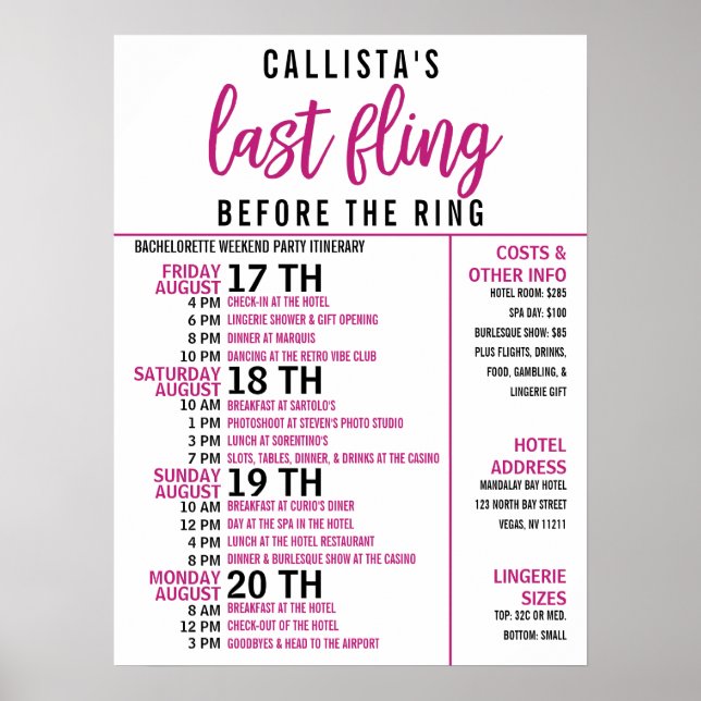 Póster Itinerario de fiesta de soltera rosa lindo femenin (Frente)