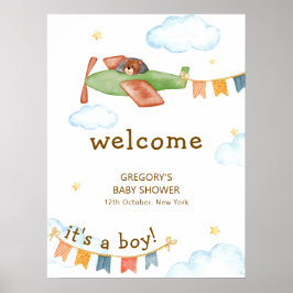 Póster It's A Boy Bear Airplane Sky Baby Shower Welcome