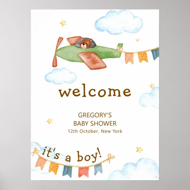 Póster It's A Boy Bear Airplane Sky Baby Shower Welcome (Frente)