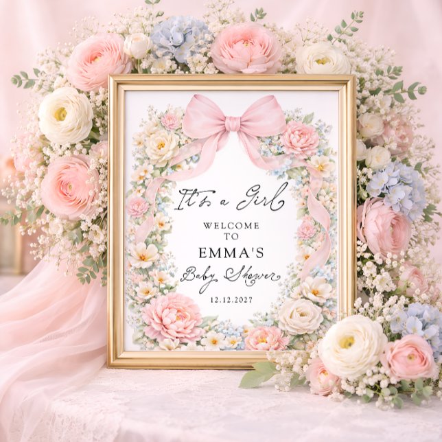 Póster It's a Girl Pink Bow Garden Baby Shower Welcome (Subido por el creador)